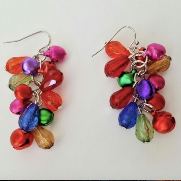 Christmas Holiday Dangle Earrings Jingle bells Pier 1 red green blue - Picture 3 of 6